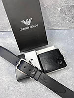 Подарочный набор мужской из натуральной кожи Giorgio Armani кожаный ремень и кошелек в подарочной упаковке