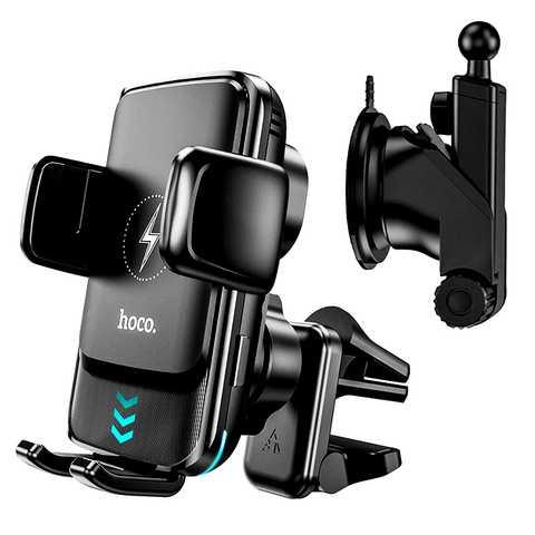 Бездротова зарядка в авто Hoco QI Wireless S35 Smart alignment Black автотримач телефона на торпедо, фото 1