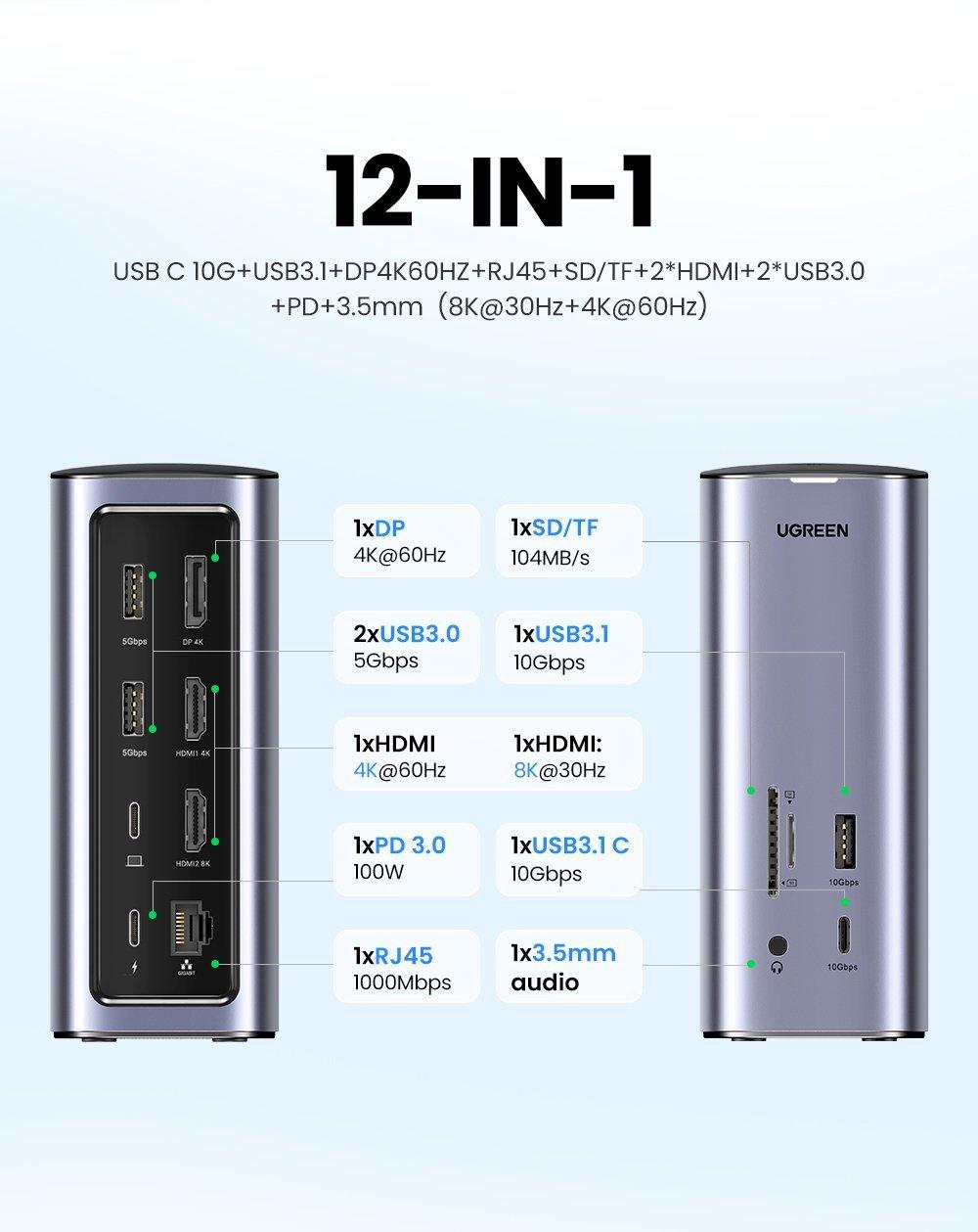 USB хаб UGREEN док станция USB-C Multifunctional Docking Station 12 in 1 Silver (CM555) - фото 3 - id-p2099898567