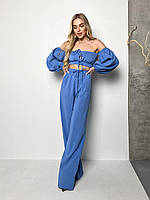 Женский весенний костюм льняной брюки палаццо широкие Топ с обьемными рукавами Клеш Блузка с Открытыми плечами Блакитний, 42