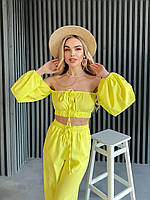 Женский весенний костюм льняной брюки палаццо широкие Топ с обьемными рукавами Клеш Блузка с Открытыми плечами Лимонний (жовтий), 48