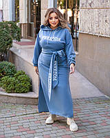 Женское голубое платье макси с боковыми разрезами и капюшоном большие размеры