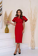 Женское приталенное красное платье миди с воланами на рукавах