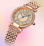Жіночий годинник на браслеті зі стразами рожеве золото, Шикарний жіночий наручний годинник круглий з камінчиками Skmei