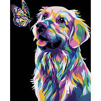 Картина за номерами на чорному фоні "Поп-арт собака з метеликом" 40х50 см [tsi233752-TCI]