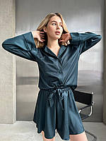 Шелковый домашний костюм (рубашка+шорты) изумрудного цвета 26424 SoC 46/48