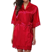 Комплект атласный домашний халат + трусики Красный Размер М