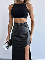 Женская черная кожаная юбка макси с разрезом на ноге