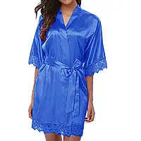 Комплект атласный домашний халат + трусики Синий Размер XL
