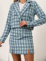 Женский демисезонный твидовый костюм пиджак с юбкой в клетку размеры 42-48 Голубой, 42/44