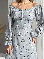 Нежное легкое платье жатое на завязках с открытыми плечами цветочный принт 42 44 46 48 48, Светло-серый