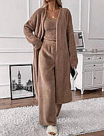 Женская теплая,мягкая,повседневная,махровая брючная пижама с халатом.Домашний турецкий костюм 3-ка со штанами