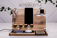 Деревянный органайзер Подставка настольная именная для гаджетов с беспроводной зарядкой Гравировка + подарочная упаковка + открытка, Apple watch