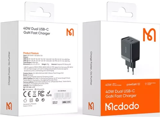 Адаптер Mcdodo [CH-2501] Dual GaN Fast Charger 2xUSB-C 40W (Black)
