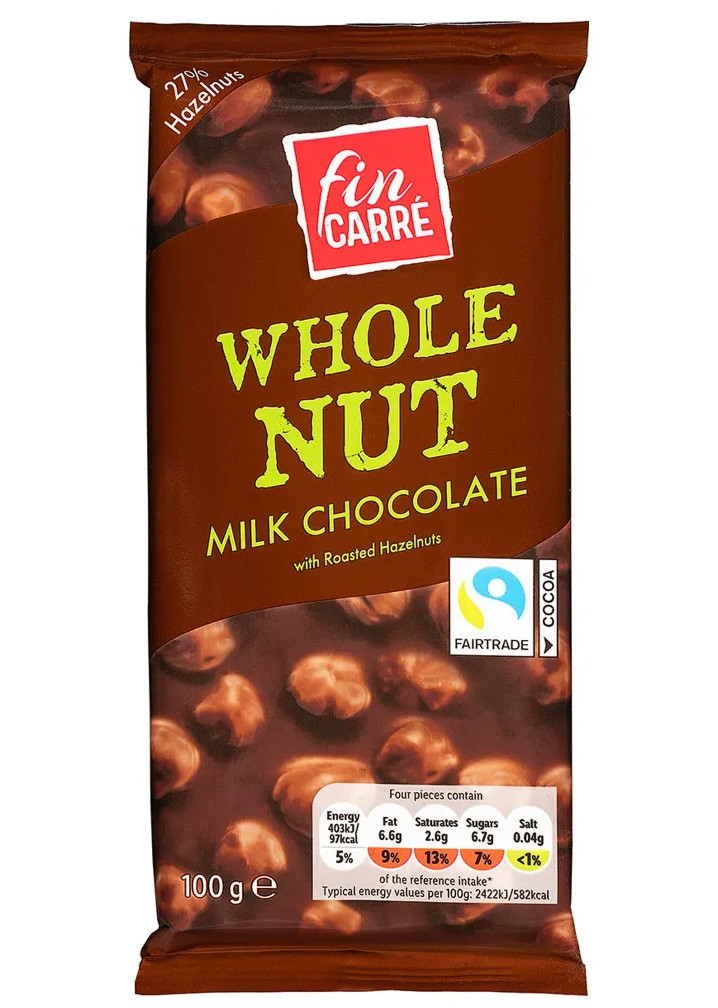 Шоколад Молочний Fin Carre Whole Nuts з Цілісним Лісовим Горіхом 100 г Німеччина (10 шт/1 уп)