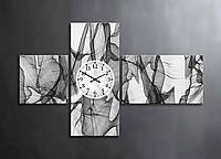 Современная Модульная Картина с Часами Нежный Серый Дым Абстракция Черно Белый Декор на Стену Узоры