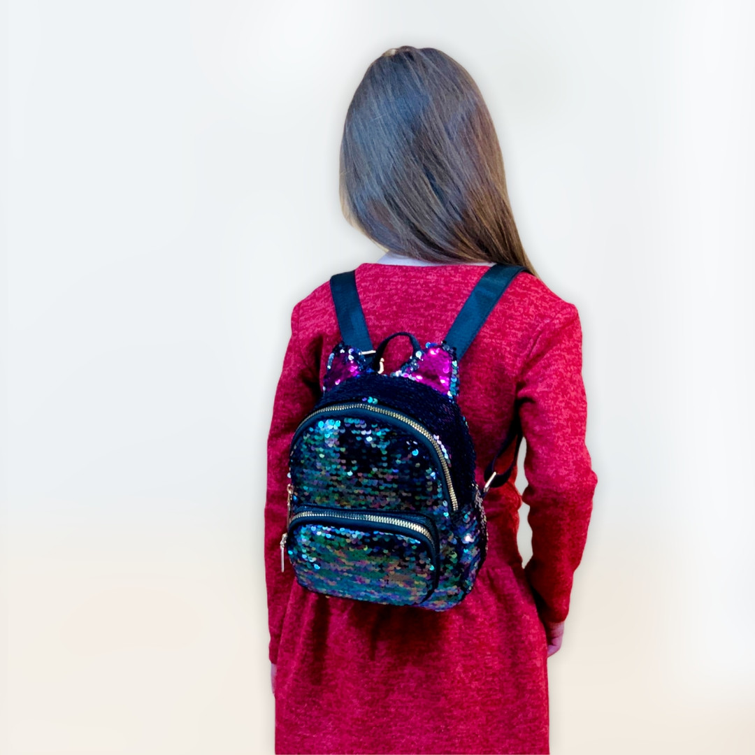 Женский мини рюкзак с пайетками и с ушками Черно - фиолетовый (Purple) - фото 7 - id-p2100430739
