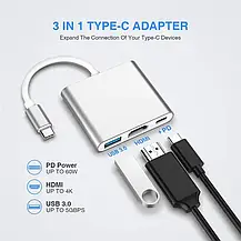 Перехідник адаптер 3в1 з Type-C на HDMI USB-C, USB хаб, Конвертер Full HD 1080p 4K 2K UHD, фото 3