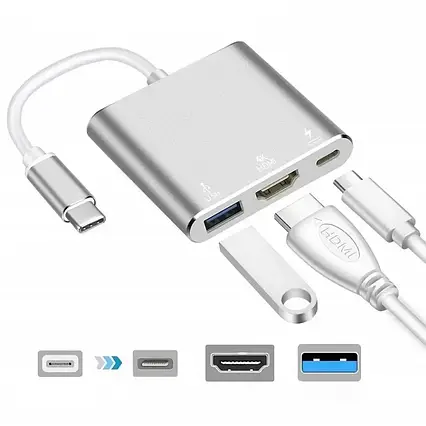 Перехідник адаптер 3в1 з Type-C на HDMI USB-C, USB хаб, Конвертер Full HD 1080p 4K 2K UHD, фото 1
