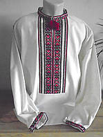 Мужская вышиванка на длинный рукав, материал - серый лен, ручная работа, размер 50-52