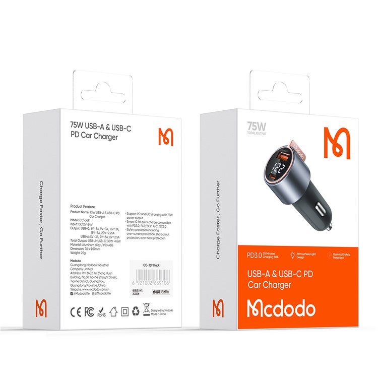 Прикурювач Mcdodo [CC-2320] LED 2-Port Car Charger 3A 33W (Black)
