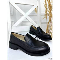 Женские туфли лоферы из натуральной кожи черного цвета на квадратном каблуке