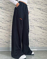 Женские прямые штаны весна-лето с разрезами свободного кроя с карманами (черный, серый, молочный)