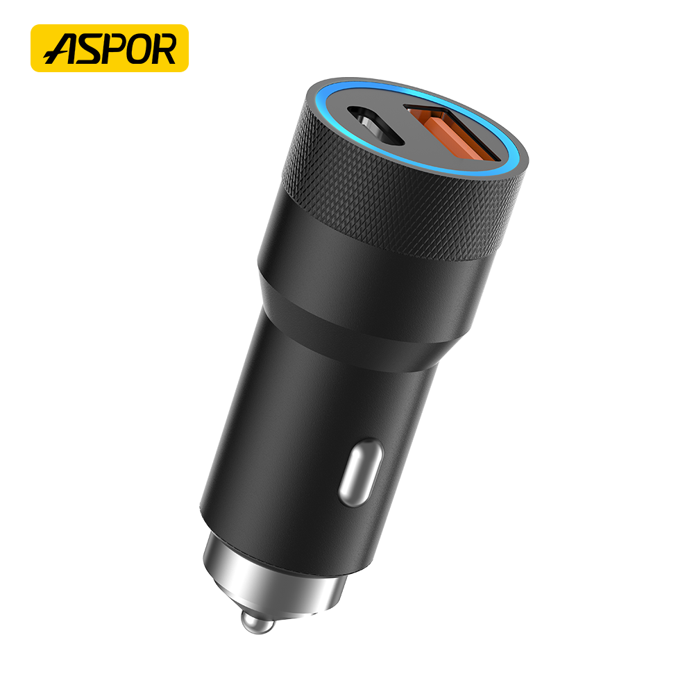 Автомобільний зарядний пристрій Aspor A909 Metal (USB/USB-C/3.4A/38W) з LED-дисплеєм – графітовий корпус
