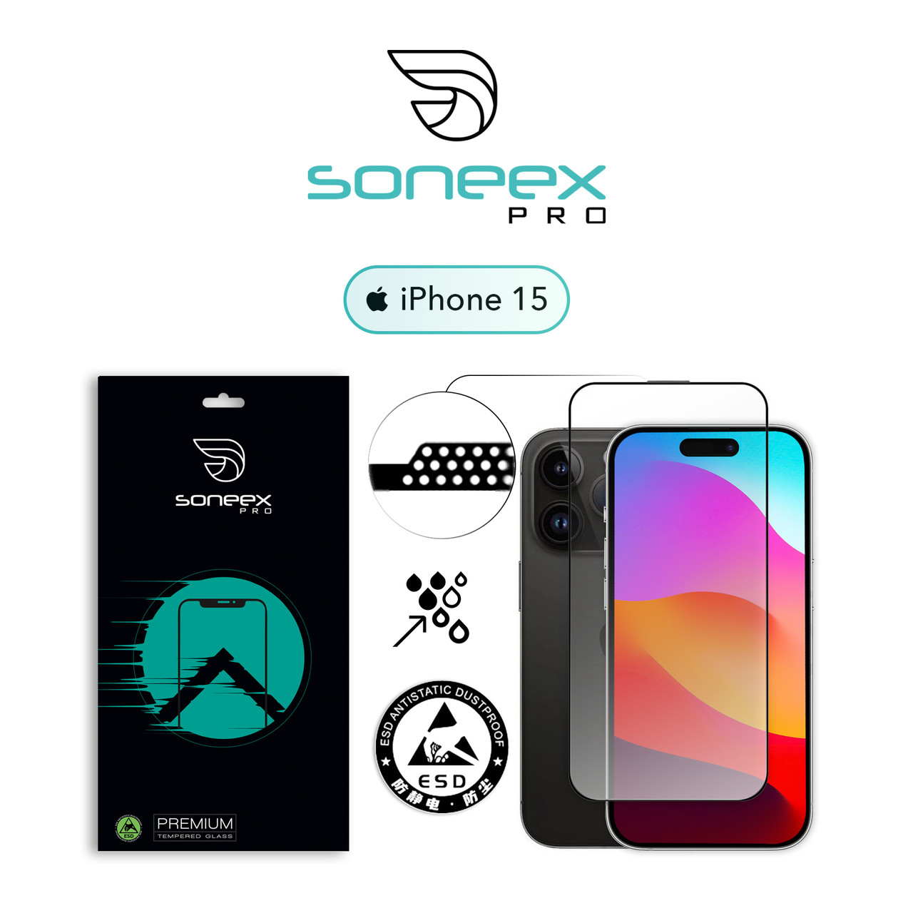 Захисне скло Soneex Pro для iPhone 15 2.5D Full Screen 0.26mm [Mesh + Anti Static] (Black)