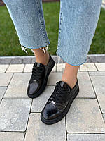 Женские кожаные кеды кроссовки черные Кеды женские черные кожаные Черные женские кеды на низкой подошве 38