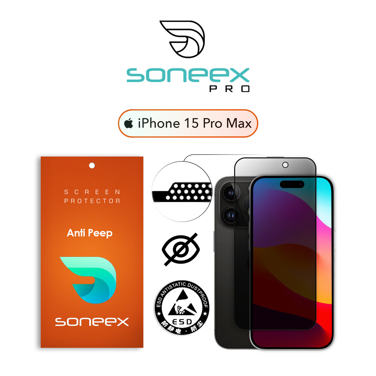 Захисне скло Soneex Pro для iPhone 15 Pro Max 2.5D Anti Peep 0.26mm [Mesh + Anti Static] (Black)