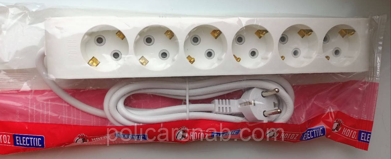 Подовжувач мережевий побутовий 6 гнізд 3 метри із заземленням ДЕКО Horoz Electric Туреччина корпус білий пластик