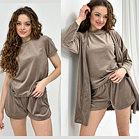 Женская пижама тройка Батал велюровая Большых размеров с халатом майка и шорты коричневая 3XL
