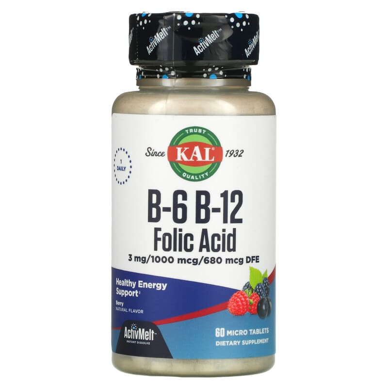 Фолієва кислота з вітамінами B6 та B12 KAL "B-6 B-12 Folic Acid" зі смаком ягід (60 мікротаблеток), фото 1
