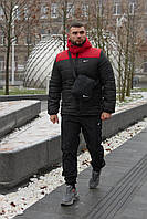 Комплект мужской Nike красно черная куртка + штаны, мужской теплый костюм Найк + рукавицы + барсетка