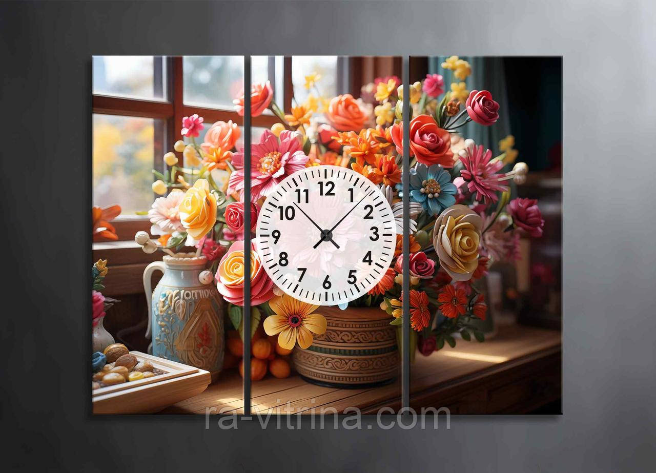 Картина Модульна з Годинником Квіти у Вазі Натюрморт Яскравий Настінний Декор Гарний Подарунок Годинник Букет Квітів