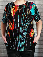 Женская футболка оптом с коротким рукавом свободного кроя черная с ярким рисунком (норма, батал) р.50 54 58 62