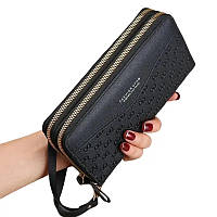 Жіночий місткий гаманець-портмоне на дві блискавки з екошкіри чорного кольору