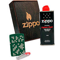 Подарочный набор Zippo Зажигалка Regular Green Matte 221 пиксель + Коробка + Бензин 3141 + Кремни 2406