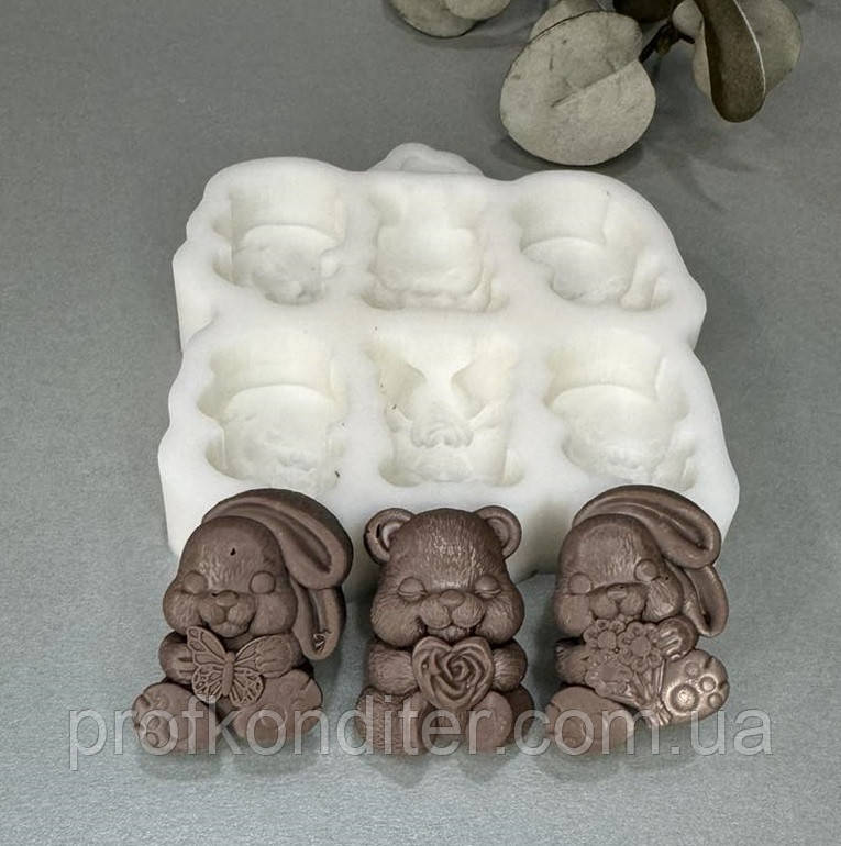 Ексклюзив! Силіконовий молд для шоколаду та ін "Ведмежата та зайки асорті", фото 1