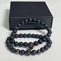 Браслет мужской Trendz Vul из лавового камня с черным черепом комплект 2 шт. в подарочной коробке