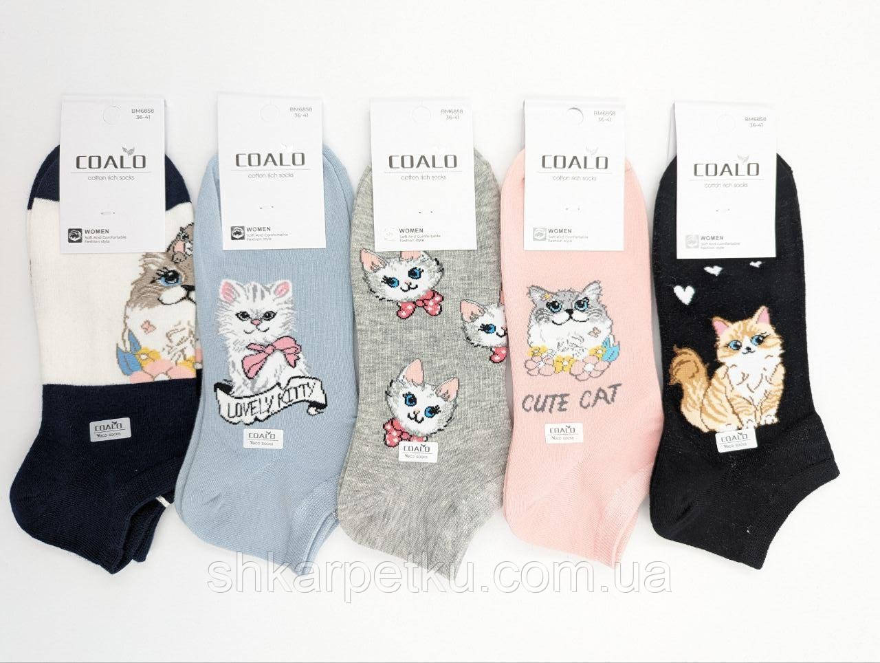Жіночі короткі літні шкарпетки COALO Cute Cat, бавовна. розмір 36-41, 10 пар/уп асорті