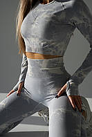 Бесшовный спортивный костюм двойка для фитнеса облегающий, рашгард и лосины женские серый