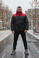 Чоловічий зимовий чорно червоний комплект Nike куртка+ штани, костюм чоловічий Найк + барсетка + рукавички в подарунок
