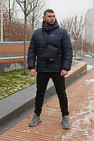 Базовый мужской сине черный комплект Nike куртка + штаны, зимний костюм Найк + барсетка и перчатки в подарок