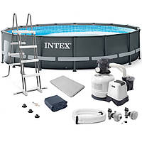 Каркасний басейн Intex 26340 (732x132 см) (Пісочний фільтр-насос 8000 л/год, драбина, тент, підстилка)