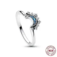 Серебряное кольцо Pandora 925 проба Sky Blue Luminous Moon Ring Блестящая голубая луна Пандора