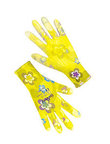 Рукавички синтетичні жіночі з ПУ покр., жовті (кольоровий принт)
