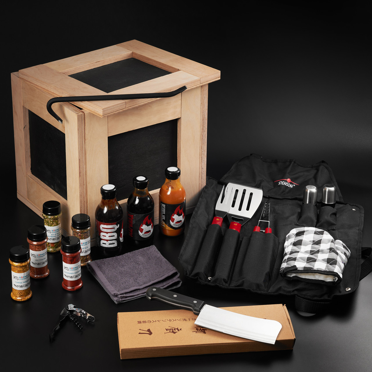 Подарункові набори для пікніка елітні в дерев'яному ящику з ломом "Барбекю", фото 1