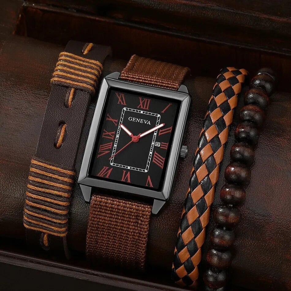 Модний подарунковий набір для чоловіків 4 в 1: розкішний чоловічий годинник "Relogio Masculino" і три шкіряні браслети, фото 1
